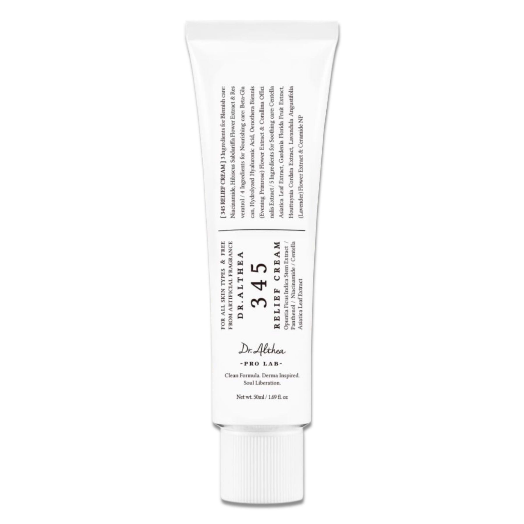 Weiße Tube mit Produktinformationen. Aufschrift: Dr. Althea 345 Relief Cream. Für alle Hauttypen.