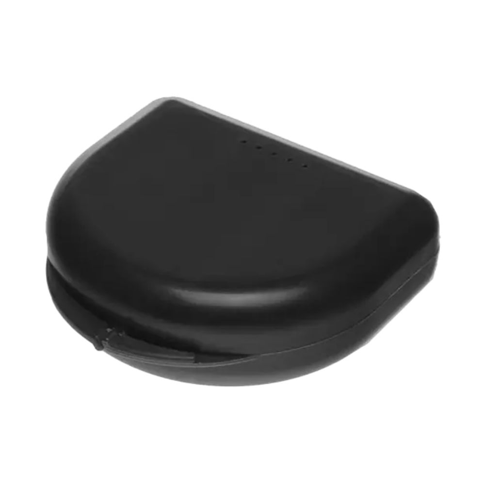 Schwarze, ovale Schienendose mit Griff und kleinen Löchern. Geschlossene Ansicht.