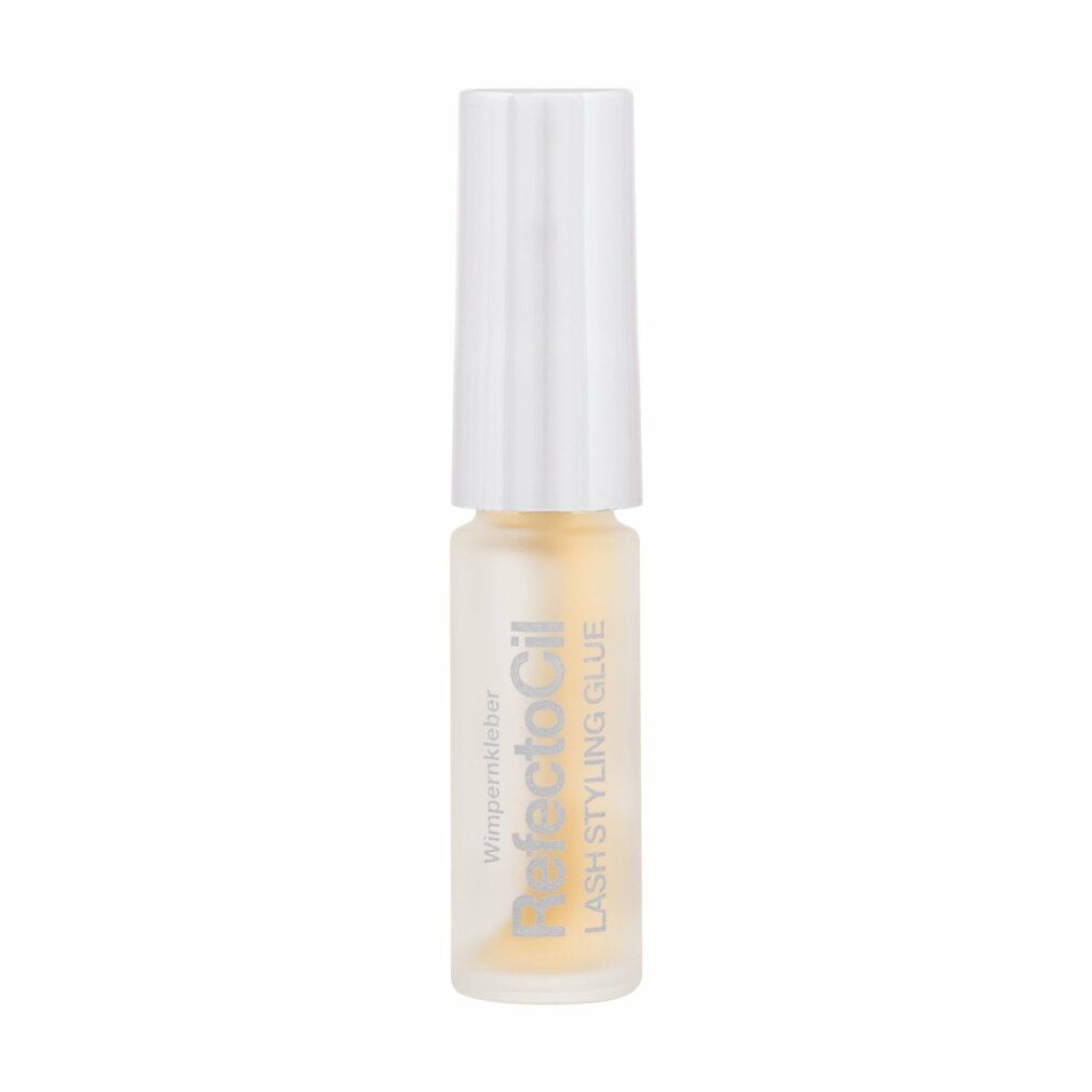 Flasche mit weißem Deckel. Aufschrift: RefectoCil Wimpernkleber, Lash Styling Glue. Flüssigkeit sichtbar.