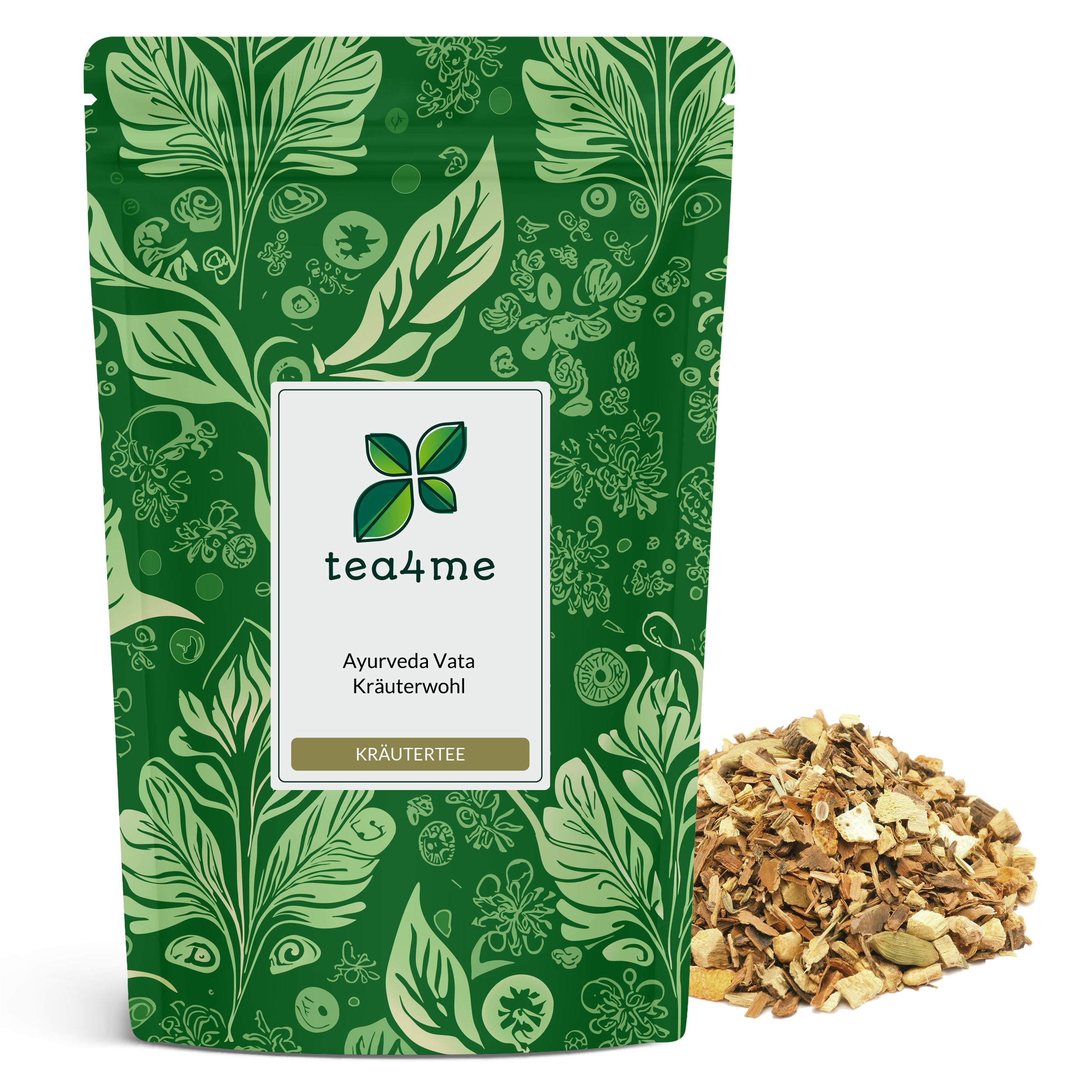 Grüner Beutel mit floralem Muster und Produktetikett. Etikett mit Logo und Text: Ayurveda Vata Kräuterwohl Kräutertee. Daneben Kräutermischung.