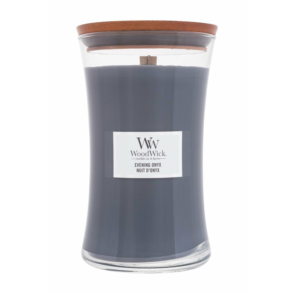 Graue Kerze mit Holzdeckel und Etikett. Aufschrift: WoodWick, Evening Onyx, Nuit d'Onyx.