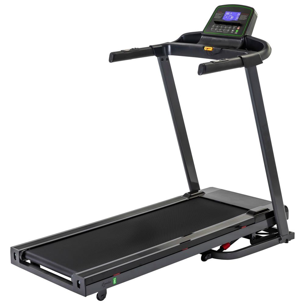 Laufband mit LCD-Monitor. Schwarze Lauffläche, grauer Rahmen, Haltegriffe. Konsole mit Knöpfen und Display.
