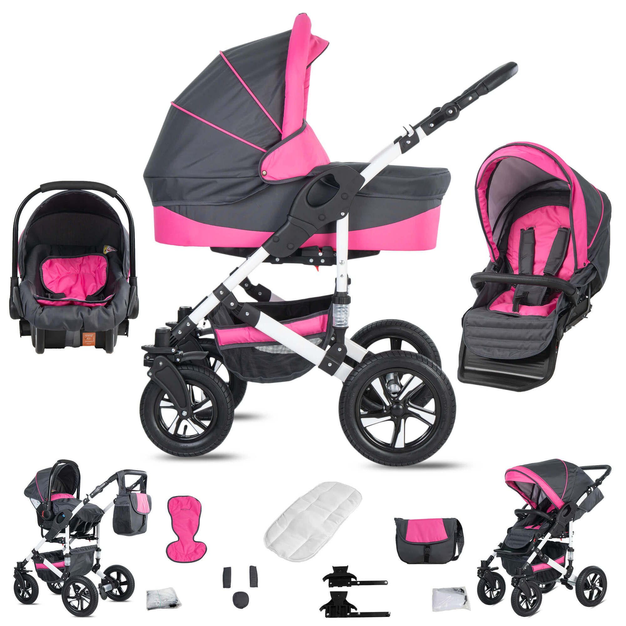 Kinderwagen-Set, grau und pink. Enthält Babywanne, Sportsitz, Babyschale und Zubehör. Hartgummireifen, weißes Gestell.