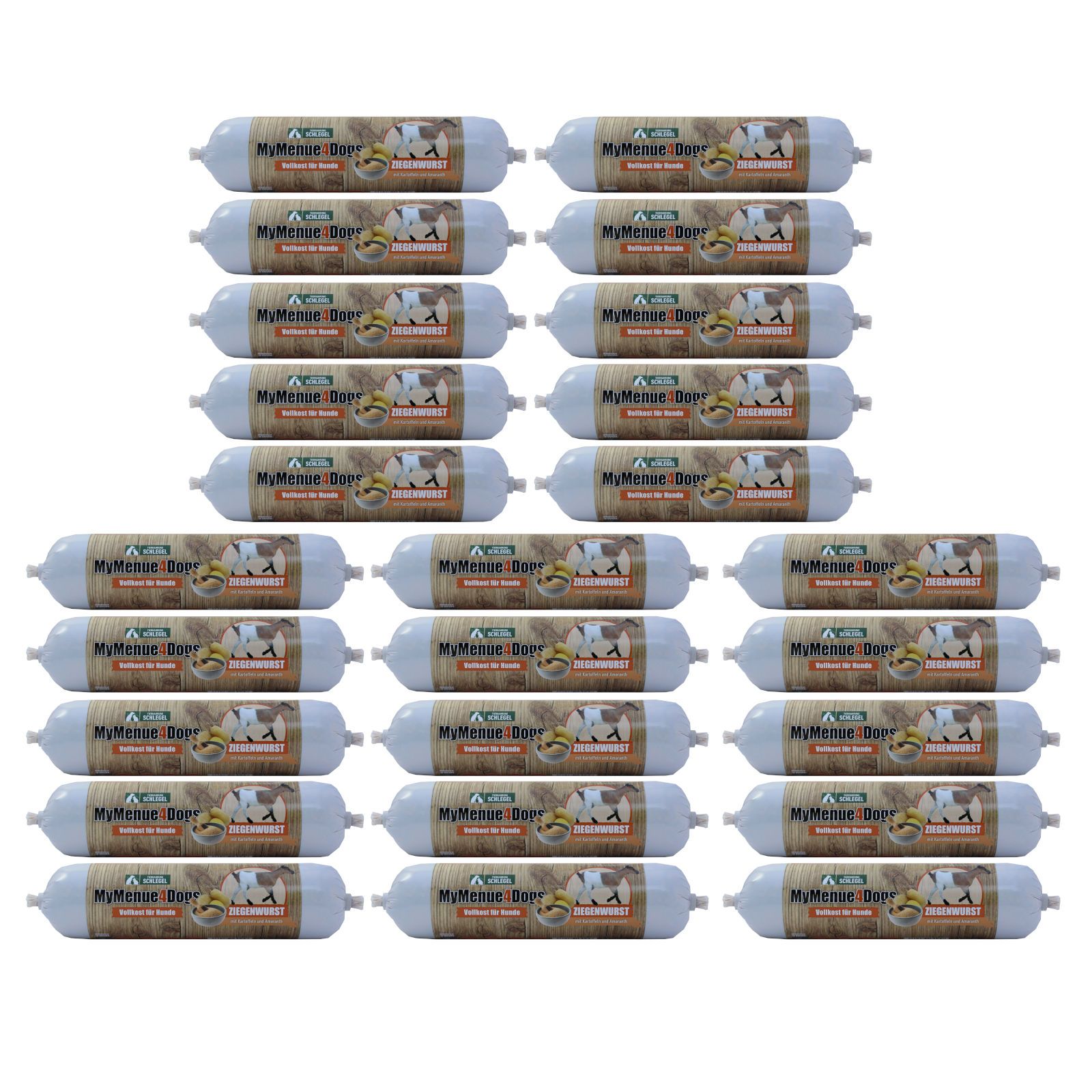 Ziegenwurst-Würste, verpackt. Mehrere Reihen, viele Würste. Aufdruck: MyMenue4Dogs, Ziegenwurst.