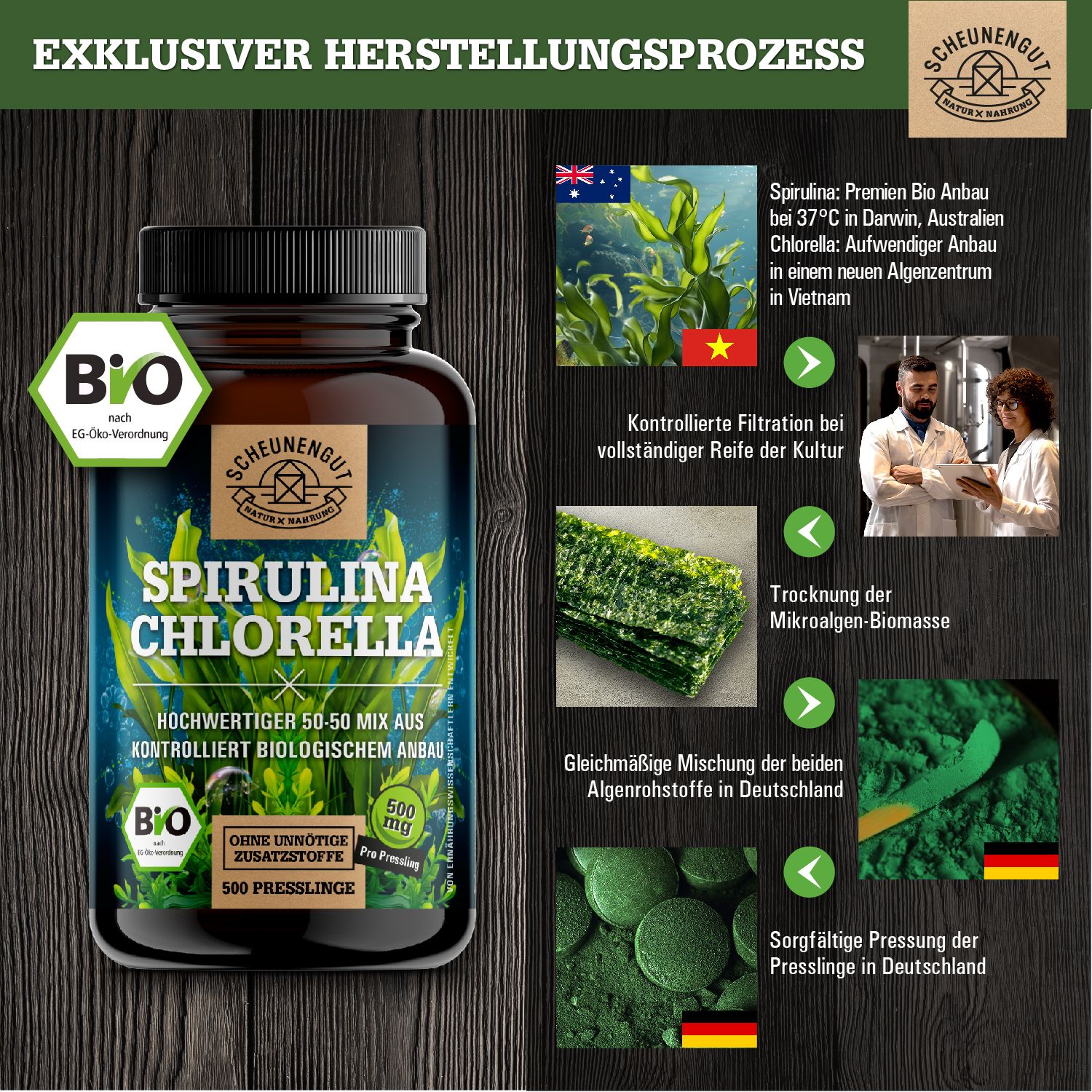 Scheunengut® Bio Spirulina Chlorella Presslinge | Hoch bioverfügbarer 50:50 Mix 500 St