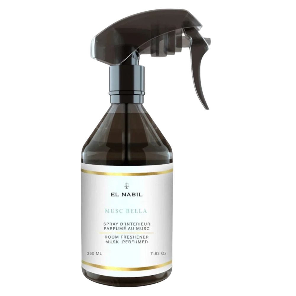 Braune Sprühflasche mit schwarzem Sprühkopf. Etikett mit "EL NABIL", "MUSC BELLA", "Room Freshener". Volumenangabe: 300 ml.