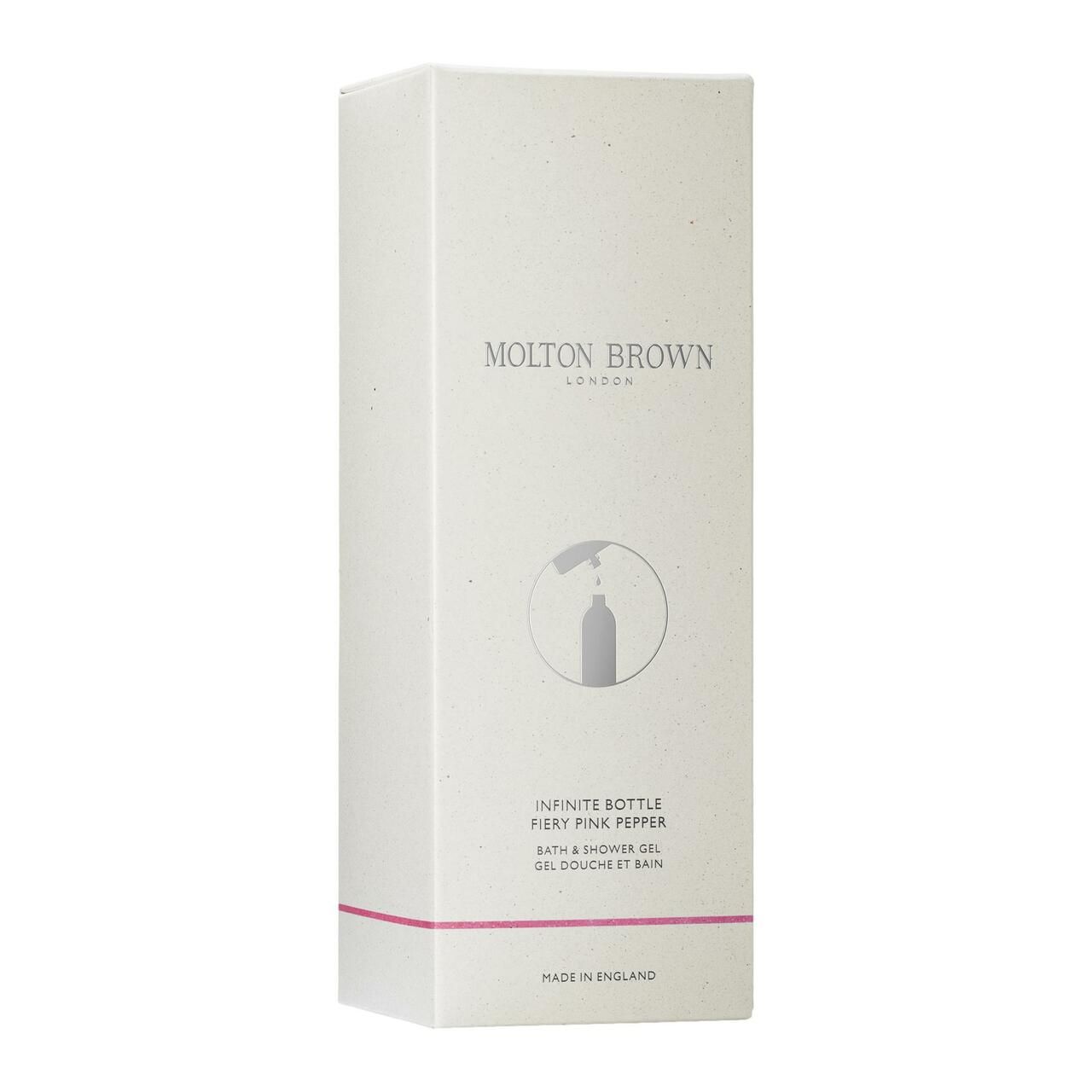 Weißer Karton mit Produktinformationen. Logo Molton Brown. Abbildung einer Flasche. Produktname: Fiery Pink Pepper.