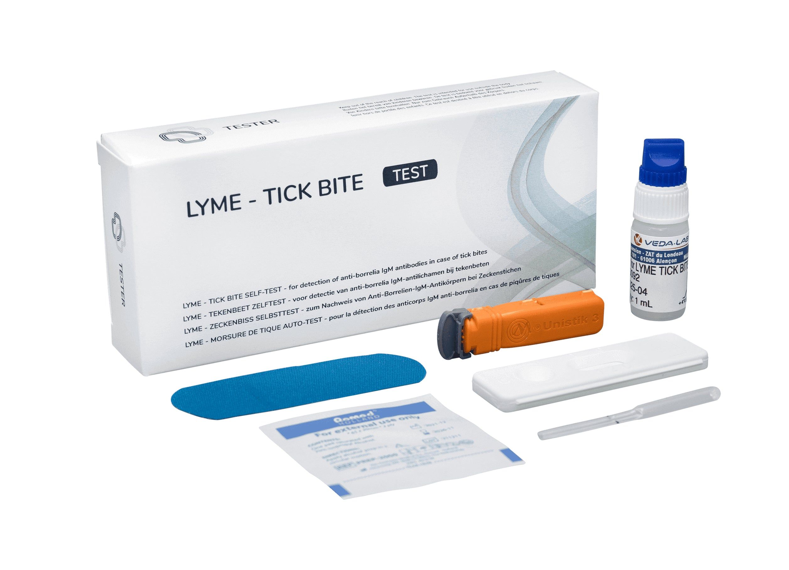 Borreliose-Test-Kit mit Pipette, Testkassette, Tupfer und Anleitung. Enthält alle Komponenten für einen Zeckenstich-Test.