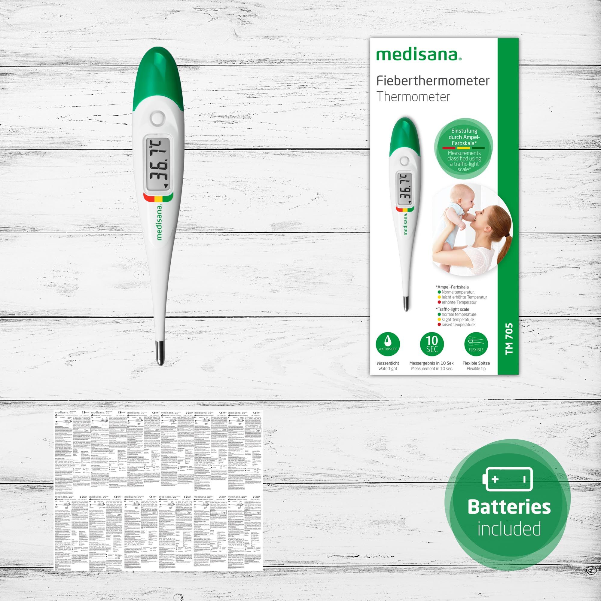 Verpackung und Thermometer. Aufdruck: medisana Fieberthermometer, TM 705. Batterien inklusive.