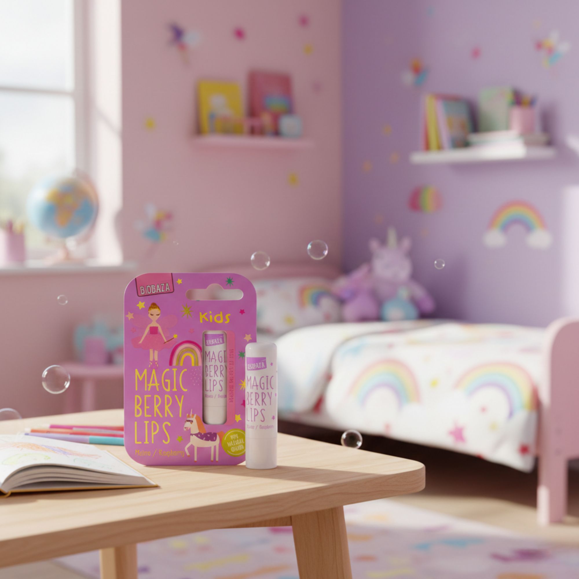 Verpackung und Lippenbalsam auf einem Tisch. Aufschrift: Magic Berry Lips. Hintergrund: Kinderzimmer mit Bett, Spielzeug und Dekoration.