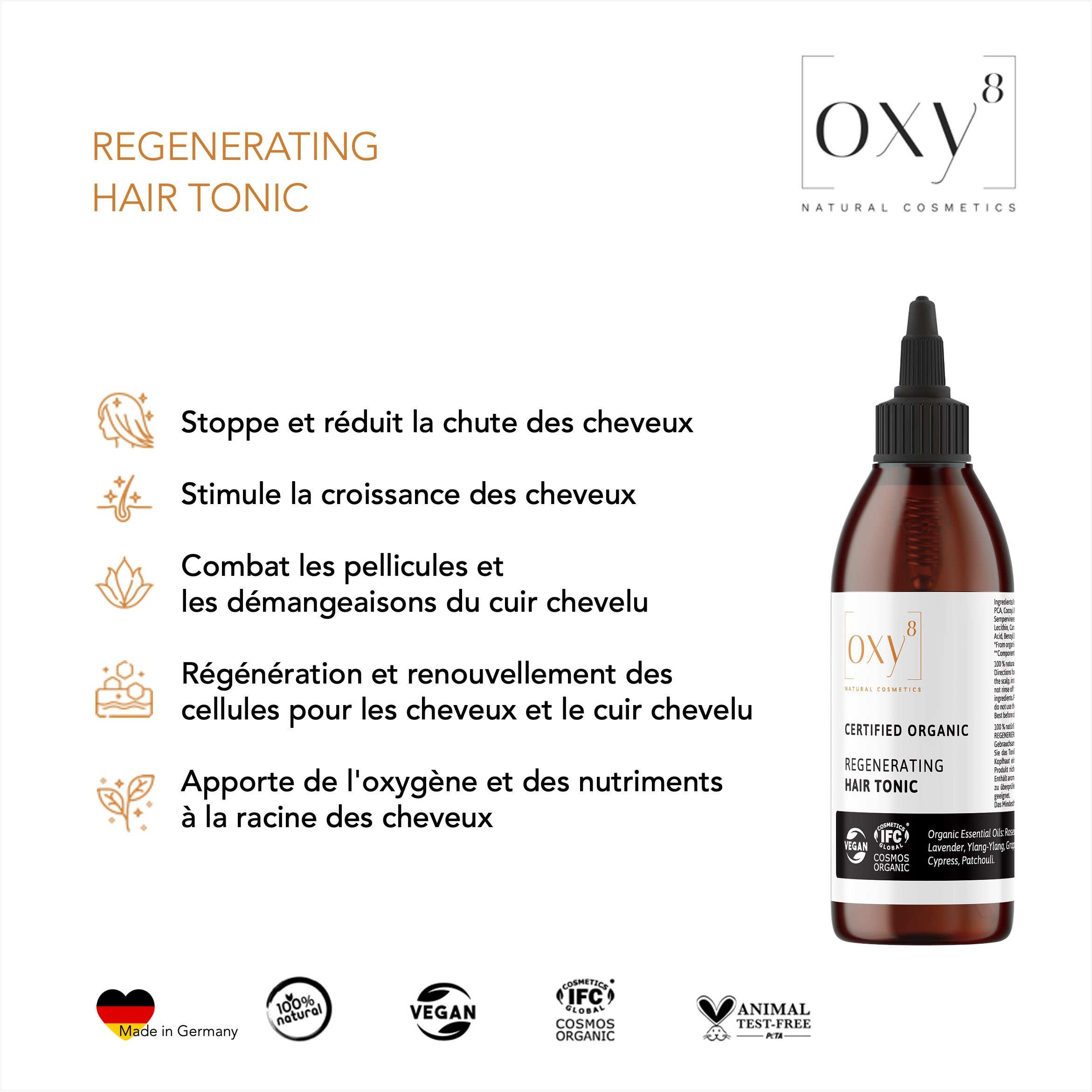 Flacon de produit avec texte: Regenerating Hair Tonic. Avantages. Vegan, IFC Cosmos Organic, Made in Germany.