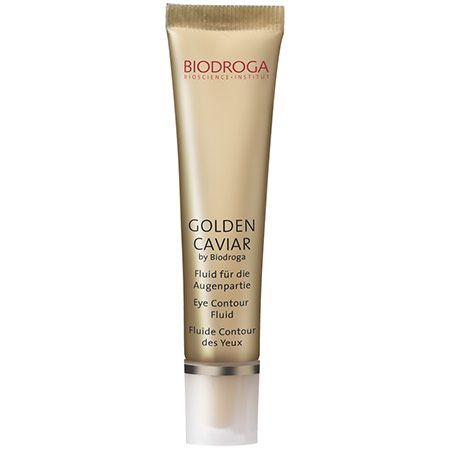 Goldfarbene Tube mit Produkttext: GOLDEN CAVIAR by Biodroga, Fluid für die Augenpartie. Marke und Logo oben.