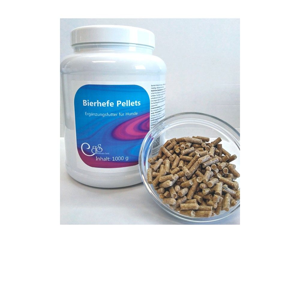 Weiße Dose "Bierhefe Pellets" neben Glasschale mit Pellets. Text: Ergänzungsfutter für Hunde. Inhalt: 1000 g.