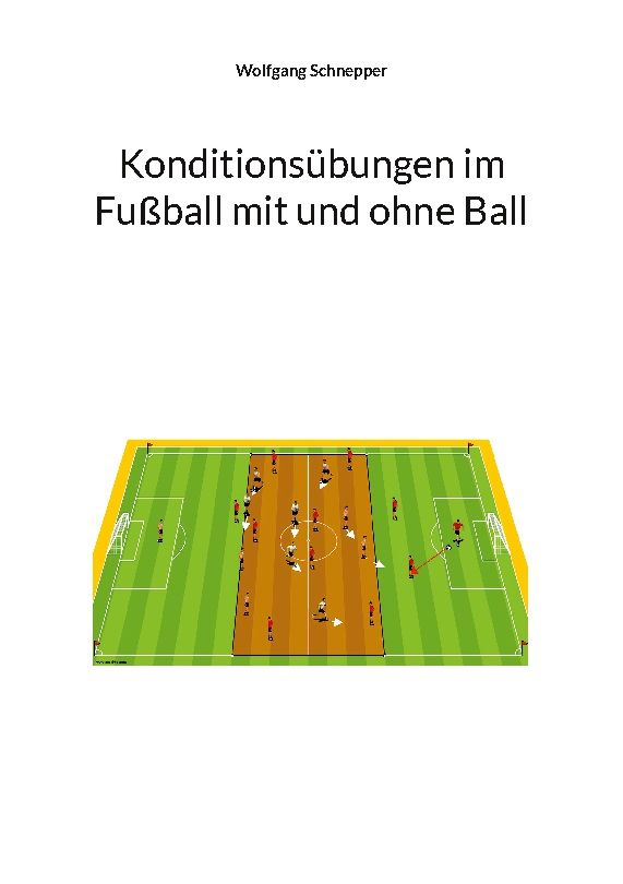 Buchcover mit Titel: Konditionsübungen im Fußball mit und ohne Ball. Autor: Wolfgang Schnepper. Illustration eines Fußballfelds mit Spielern.