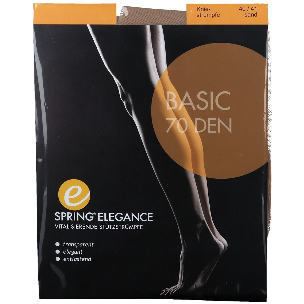 Verpackung mit Stützstrümpfen. Aufdruck: SPRING® ELEGANCE, BASIC 70 DEN, sand. Abbildung von Beinen.