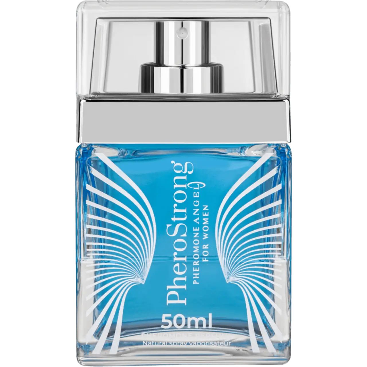Quadratischer Flakon mit blauem Inhalt und Sprühkopf. Aufschrift: PheroStrong, 50ml, Pheromone Angel for Women.