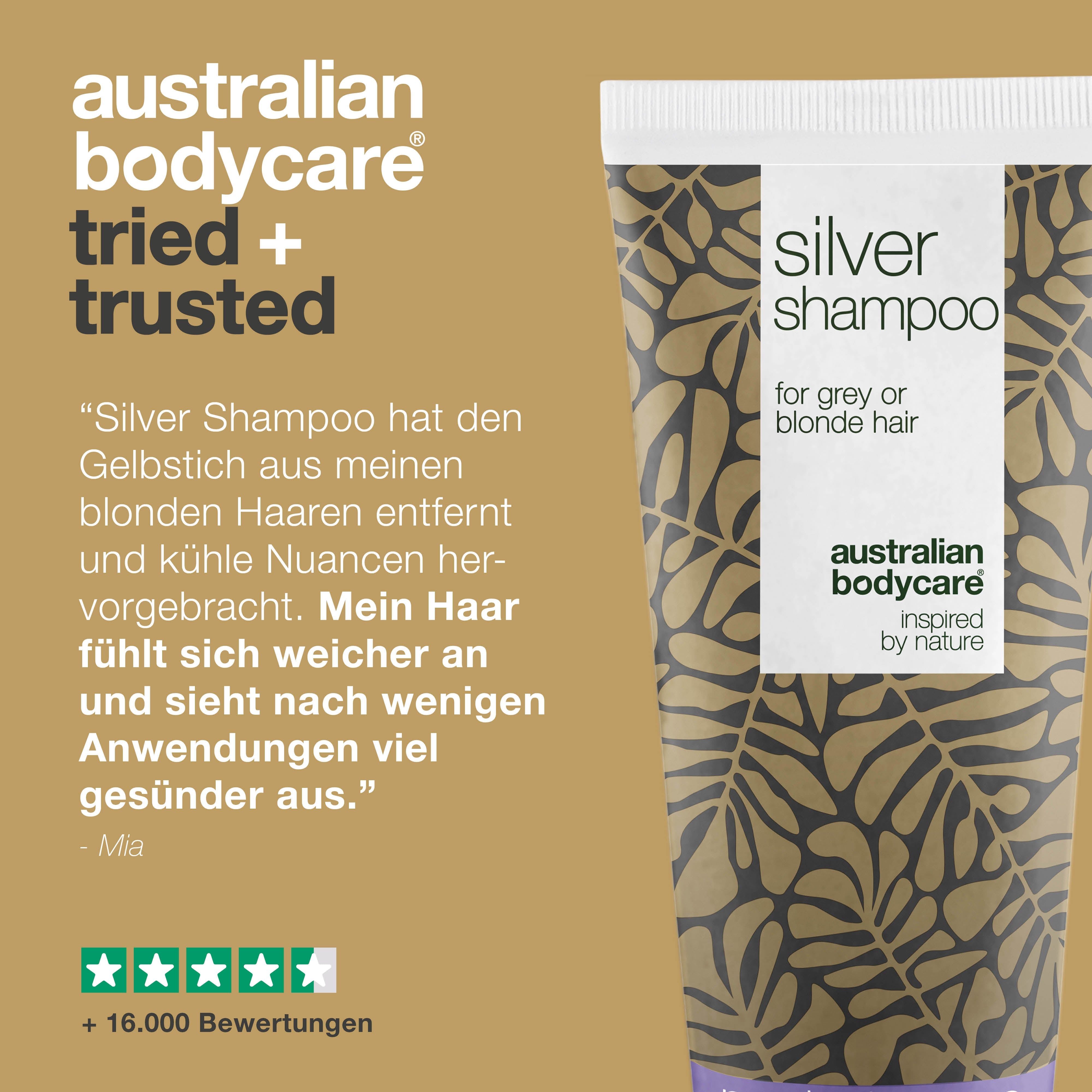 Text: Australian Bodycare, bewährt und vertraut. Tube Silver Shampoo. Zitat: Erfahrungsbericht. Sternebewertung.