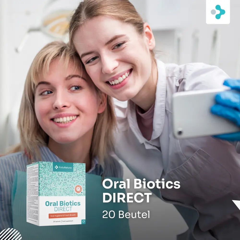 Zwei Frauen machen ein Selfie mit einer Schachtel FutuNatura Oral Biotics DIRECT (20 Beutel).