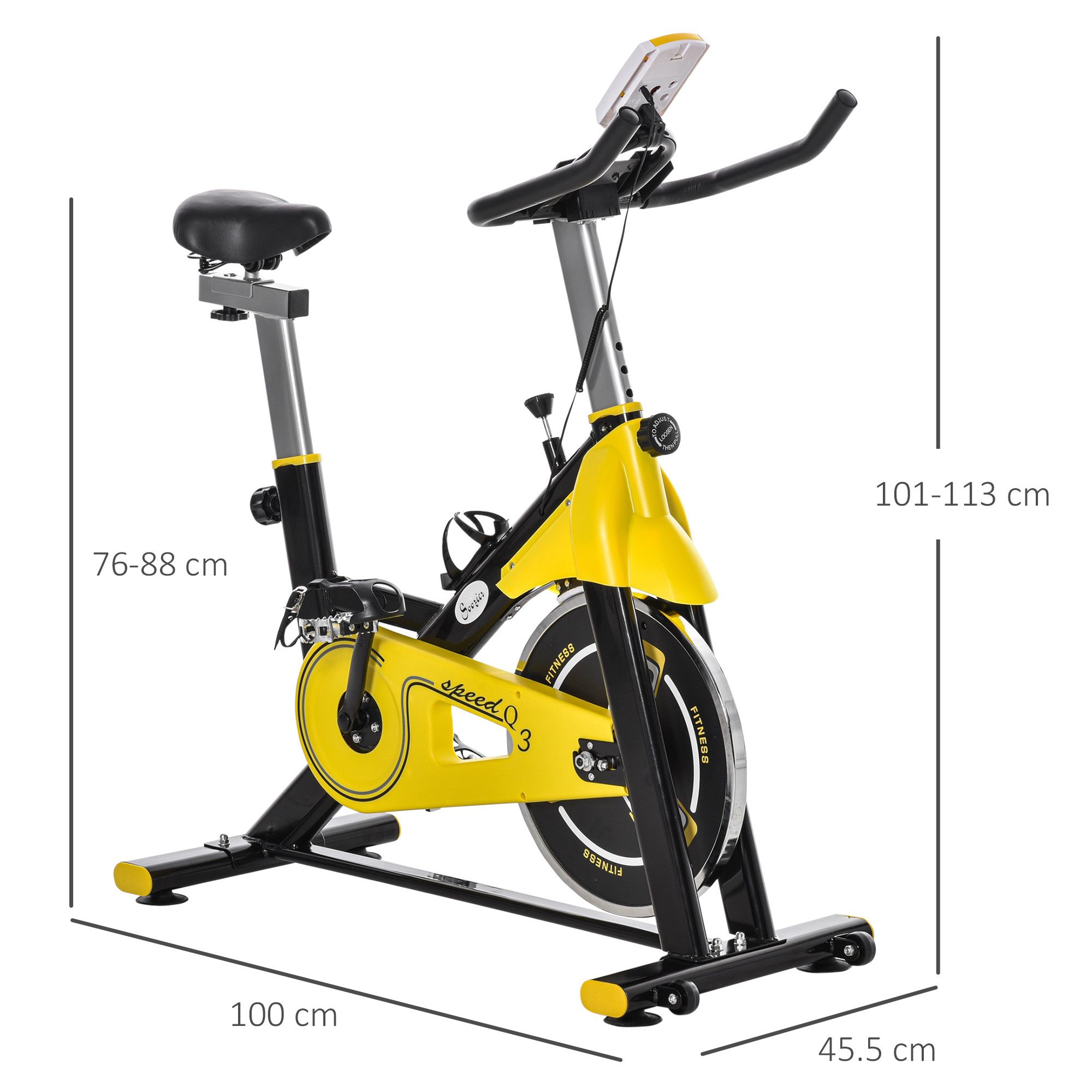 Gelbes und schwarzes Fitness-Heimtrainer. Abmessungen: 100x45,5x101-113cm. 76-88cm hoch.