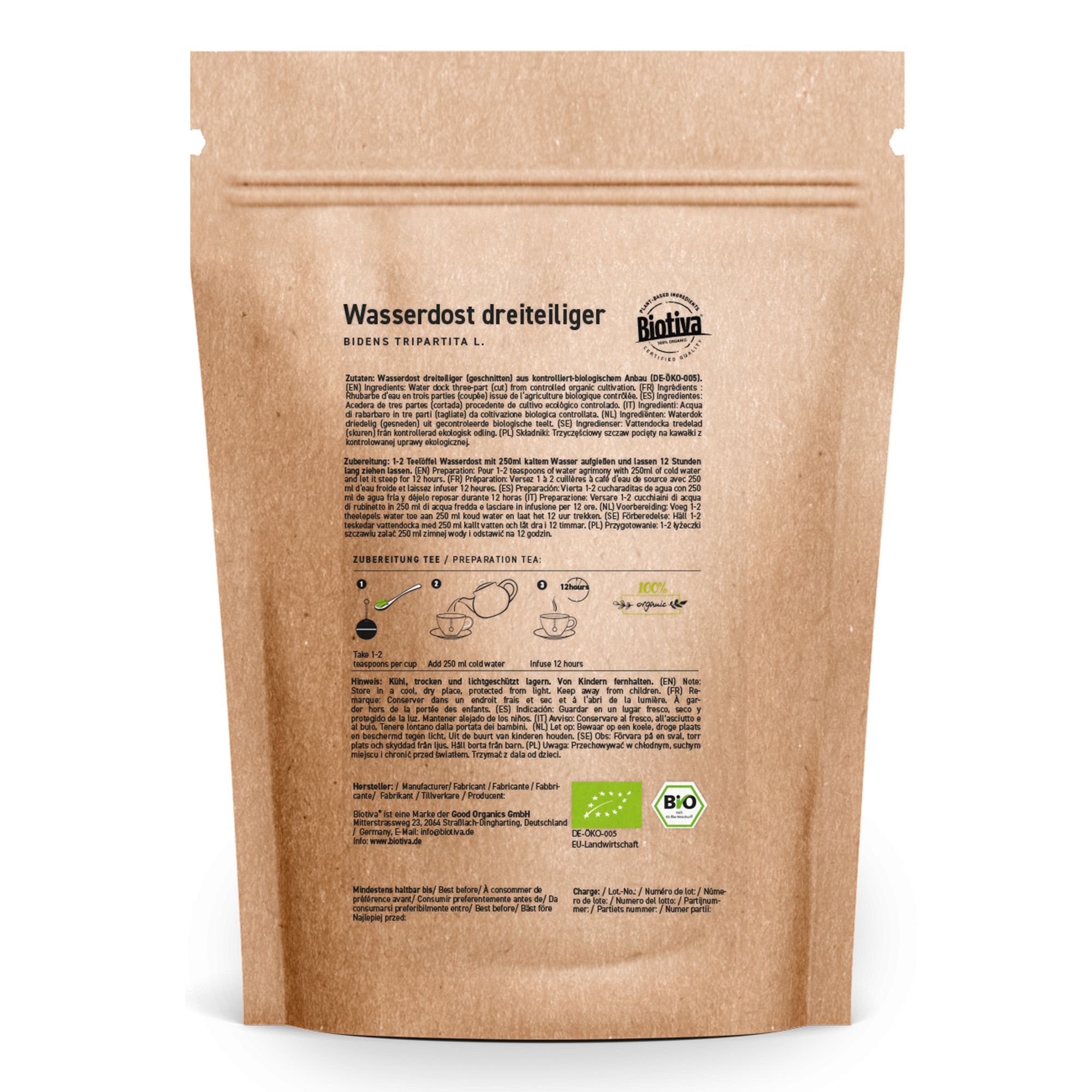 Braune Papierverpackung mit Aufdruck. Text: Wasserdost dreiteiliger, Biotiva, Bio-Siegel, Zubereitungshinweise.