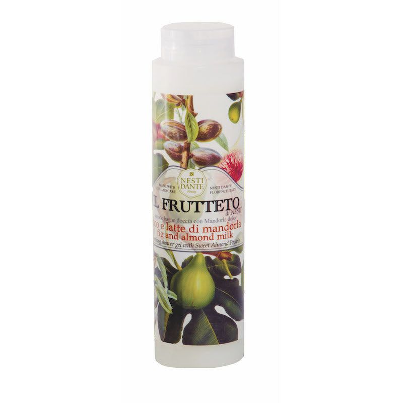 Weißes Duschgel von Nesti Dante. Mit Abbildung von Feigen und Mandeln. Text: Il Frutteto, Fig & Almond Milk.