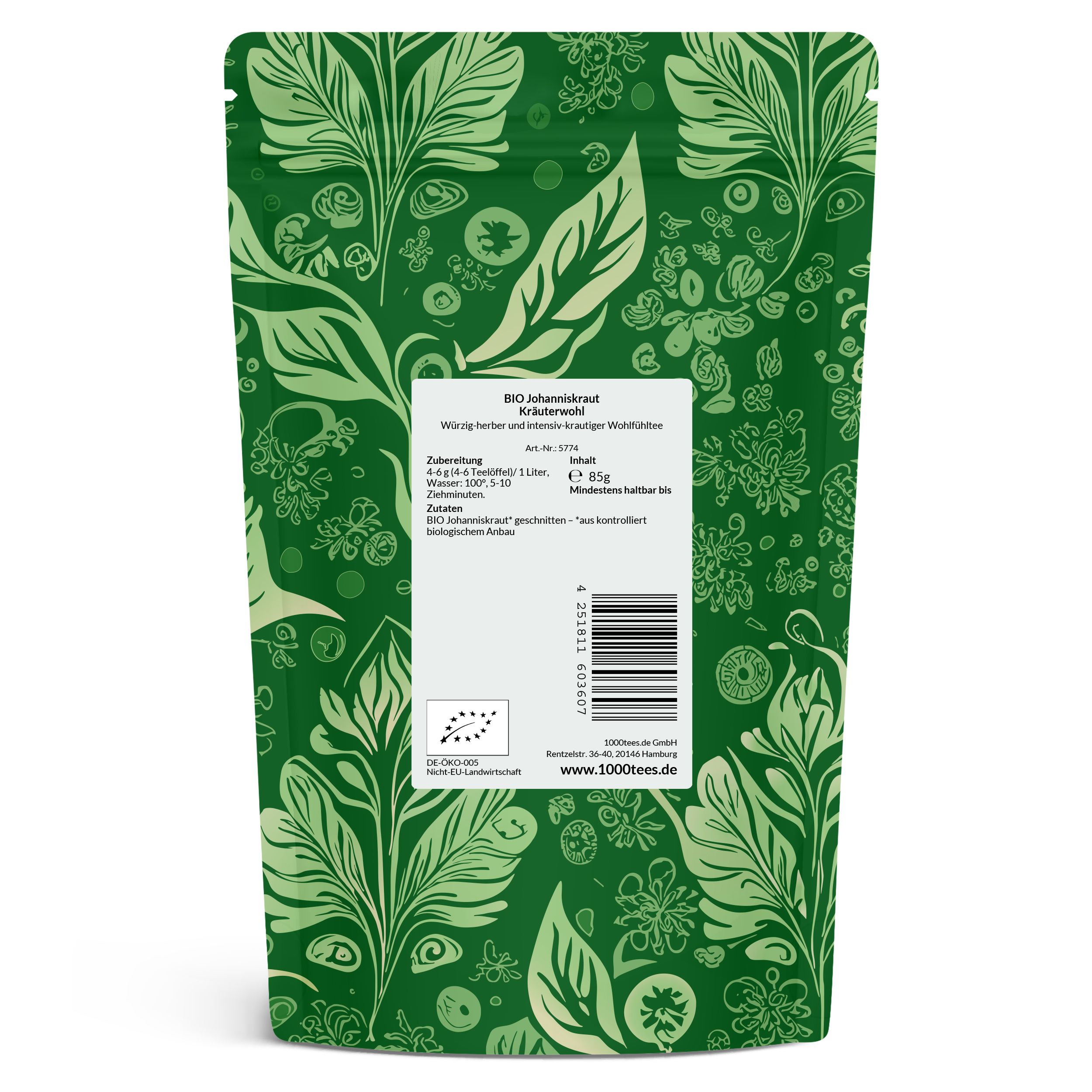 Grüne Verpackung mit floralem Muster. Text: BIO Johanniskraut Tee Kräuterwohl. EU-Bio-Siegel. Barcode.