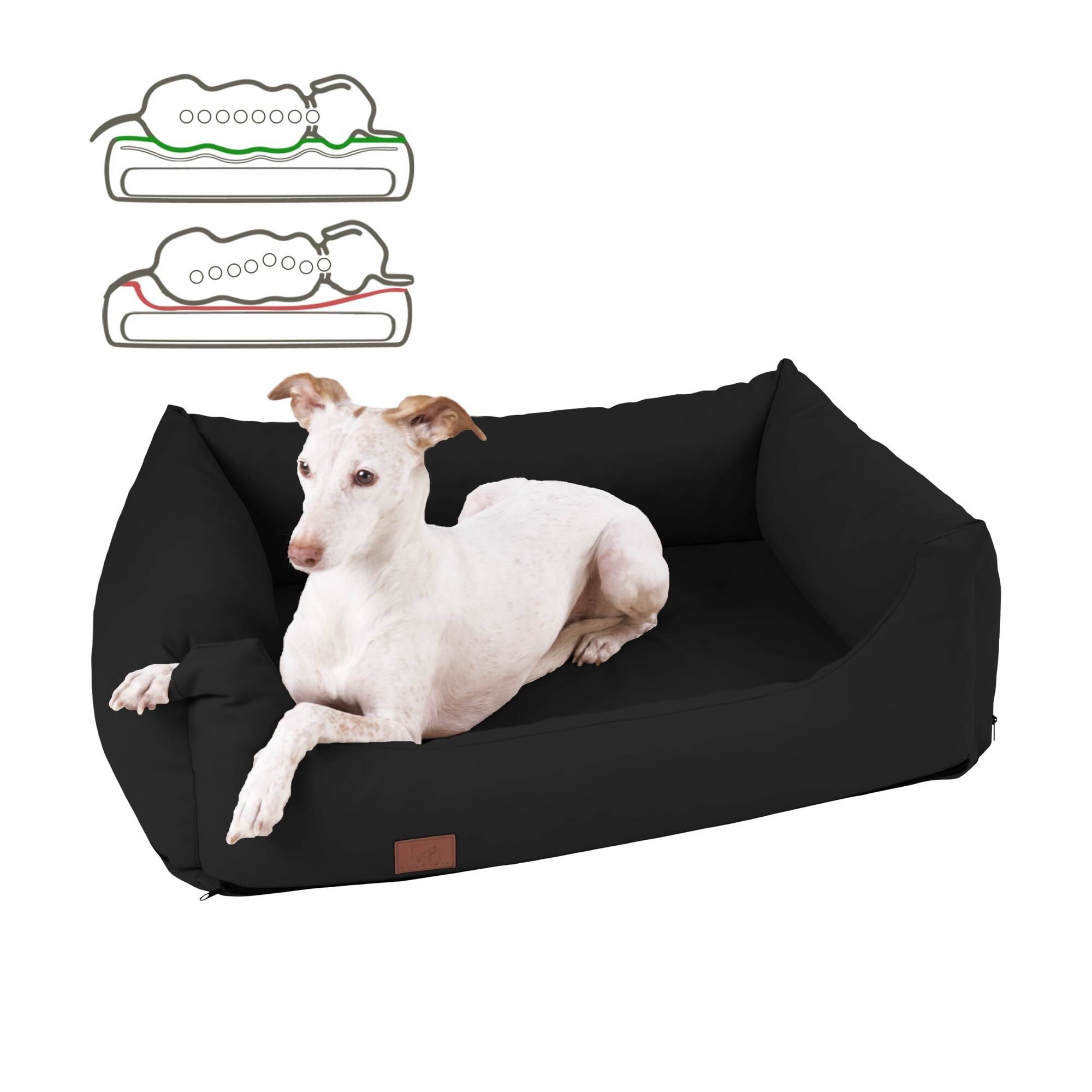Schwarzes Hundebett mit Hund. Kunstleder. Eckige Form mit erhöhtem Rand. Braunes Label. Skizzen von Liegepositionen.