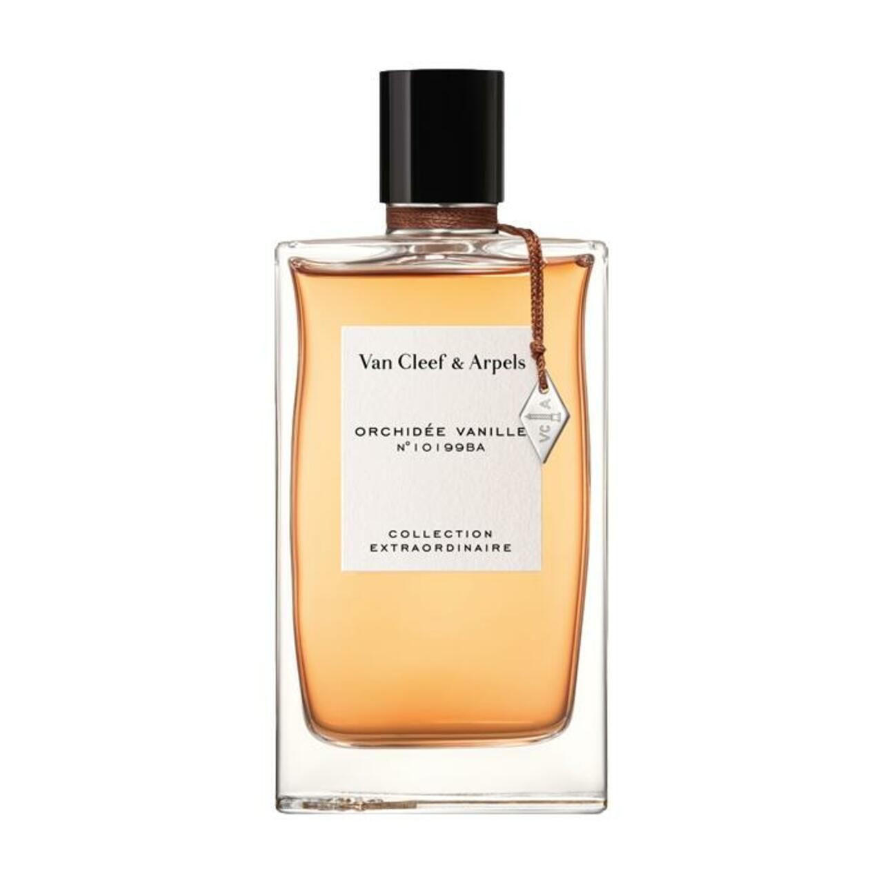 Parfümflasche mit schwarzem Deckel und Anhänger. Aufschrift: Van Cleef & Arpels, Orchidée Vanille, Collection Extraordinaire.