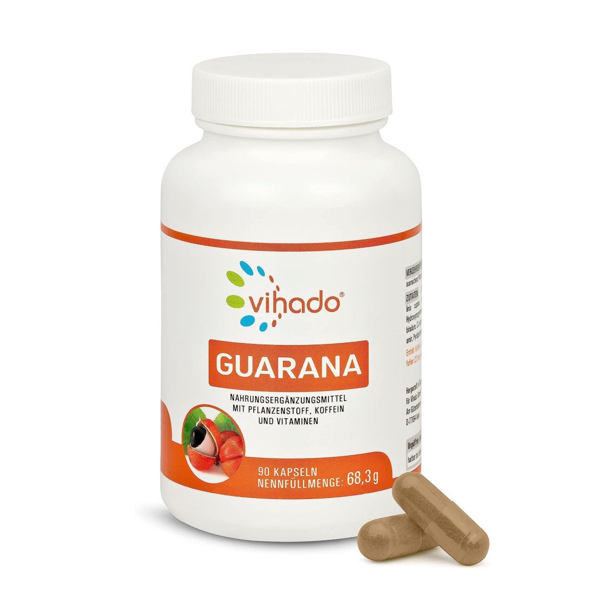 Weiße Flasche mit Vihado Guarana Kapseln. Aufschrift: Guarana, Nahrungsergänzungsmittel mit Pflanzenstoff, Koffein und Vitaminen. 90 Kapseln.