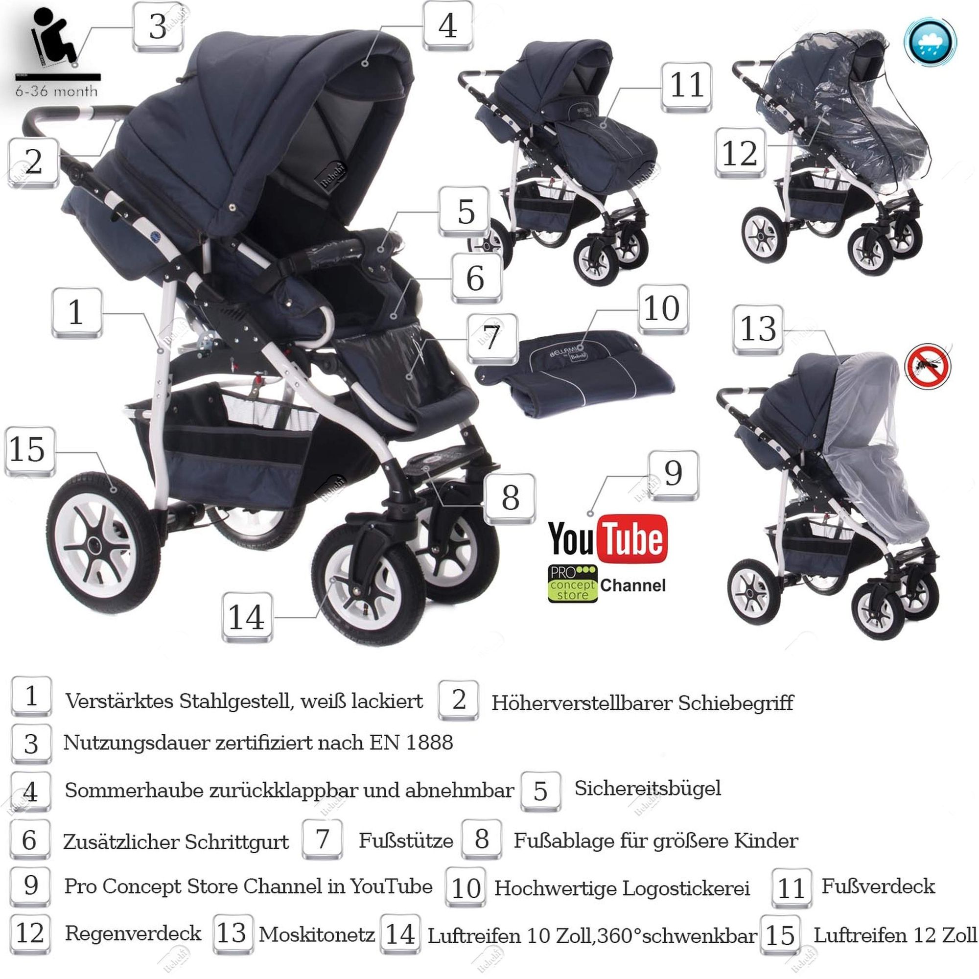 Bebebi Bellami 3 in 1 Kinderwagen Set Luftreifen, Bellagrey
