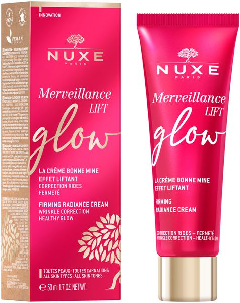 Rote Schachtel und Tube. Aufschrift: NUXE, Merveillance Lift glow. Text: La crème bonne mine, effet liftant, Firming Radiance Cream. 50ml.