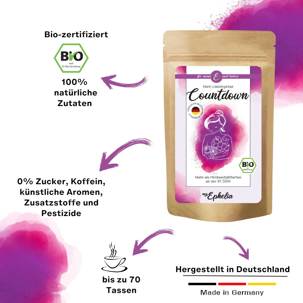 Produktverpackung mit Text und Logos. Text: Mein Lieblingstee Countdown. Bio-Siegel. Hergestellt in Deutschland.