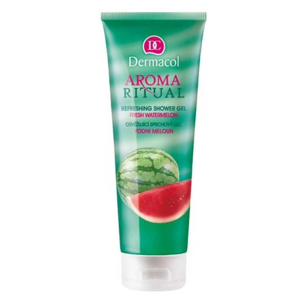 Grüne Tube mit Produktaufdruck. Enthält eine Abbildung einer Wassermelone. Text: Dermacol Aroma Ritual Fresh Watermelon.