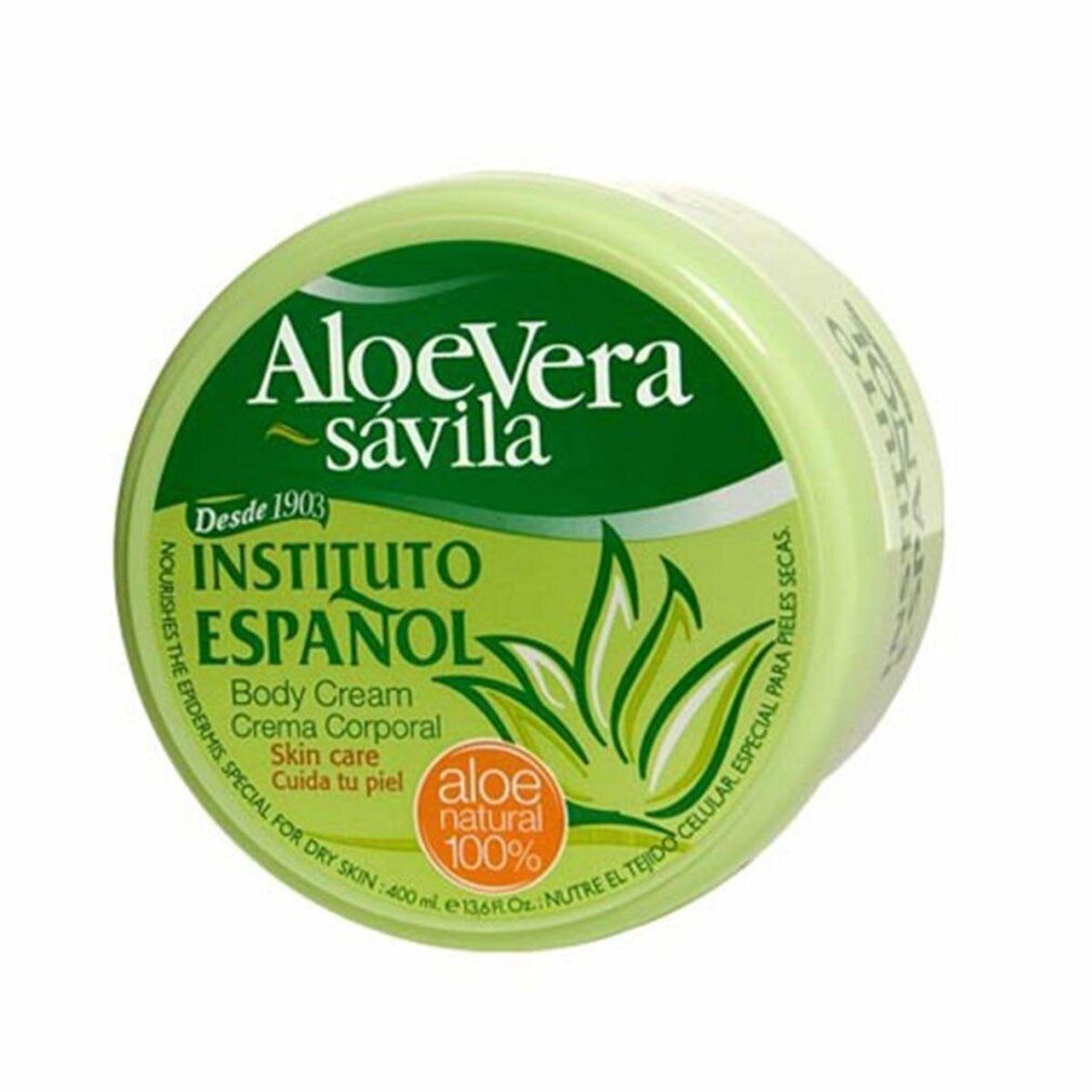 Runder Behälter mit grünem Deckel. Aufschrift: Aloe Vera, Instituto Espanol, Aloe natural 100%. Für trockene Haut.