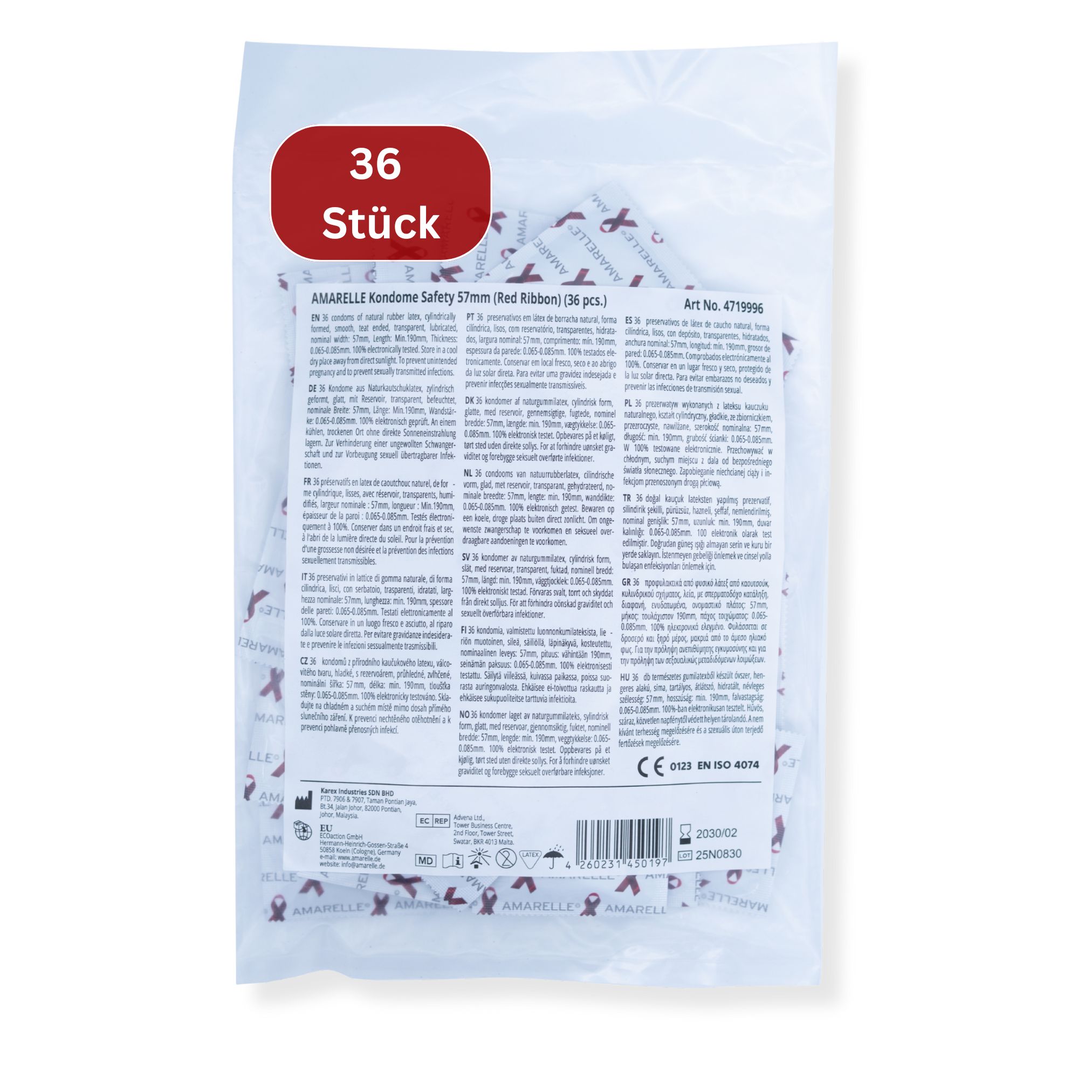 Rückseite der Packung mit 36 Kondomen. Textliche Informationen und Logos. Einzelverpackte Kondome mit rotem Schleifenmuster.
