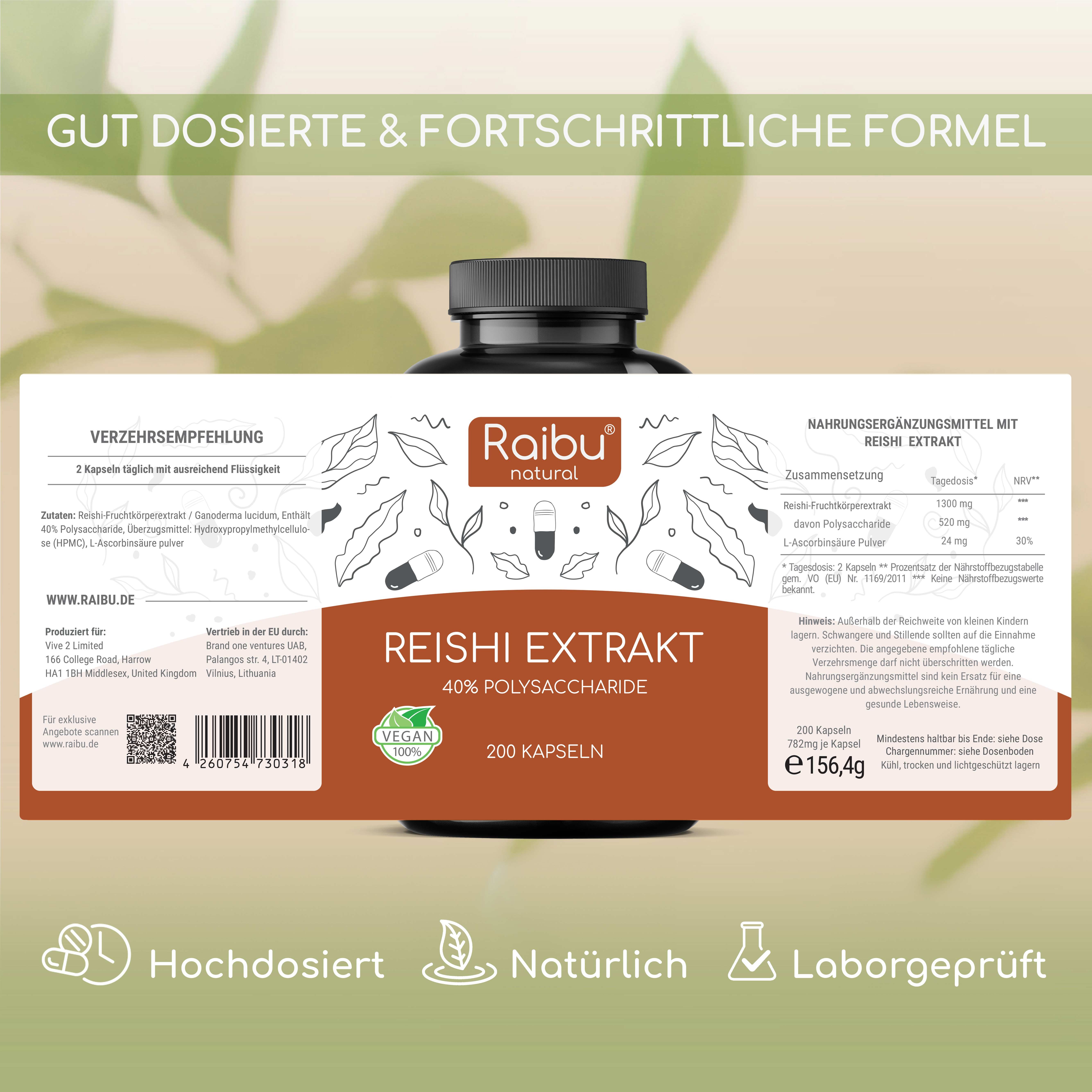 Flasche mit Etikett. Text: Reishi Extrakt, 40% Polysaccharide, 200 Kapseln. Vegan-Siegel. Zusammensetzung und Verzehrempfehlung.