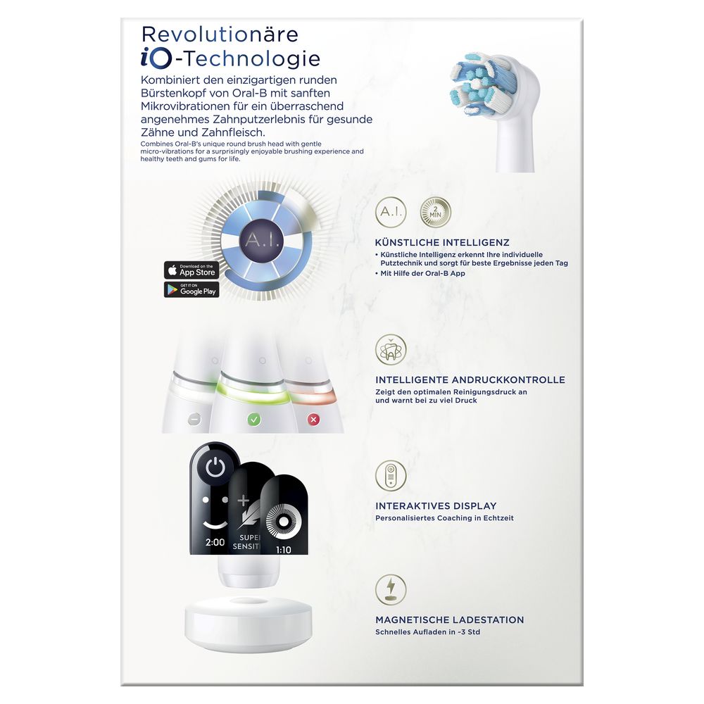 Verpackung der elektrischen Zahnbürste iO Series 7N. Text über Technologie, intelligente Druckkontrolle, interaktives Display und magnetische Ladestation.