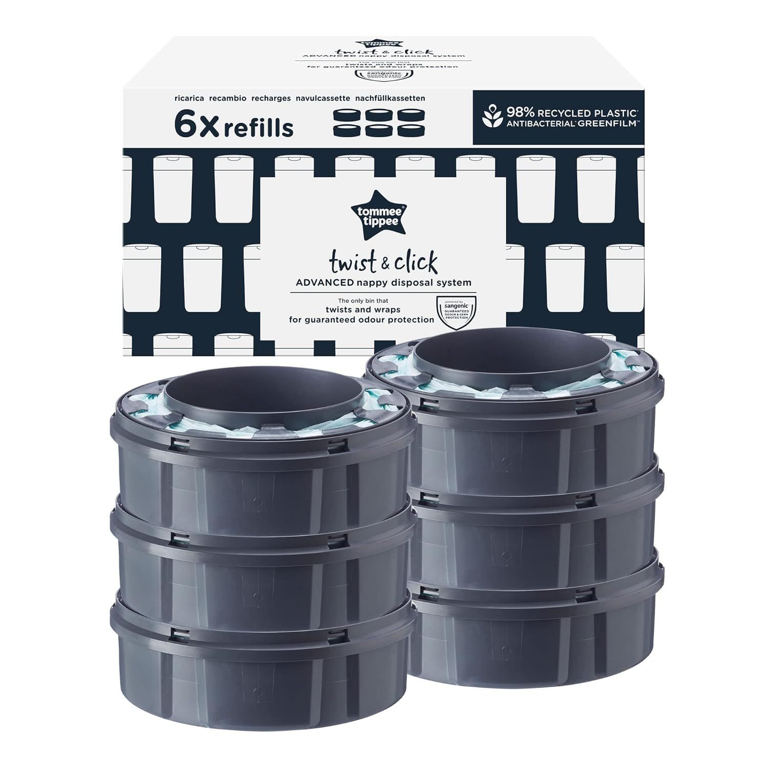 Nachfüllkassetten für Windelentsorgungssystem. Sechs graue Kassetten und eine Verpackung mit Produktinformationen.