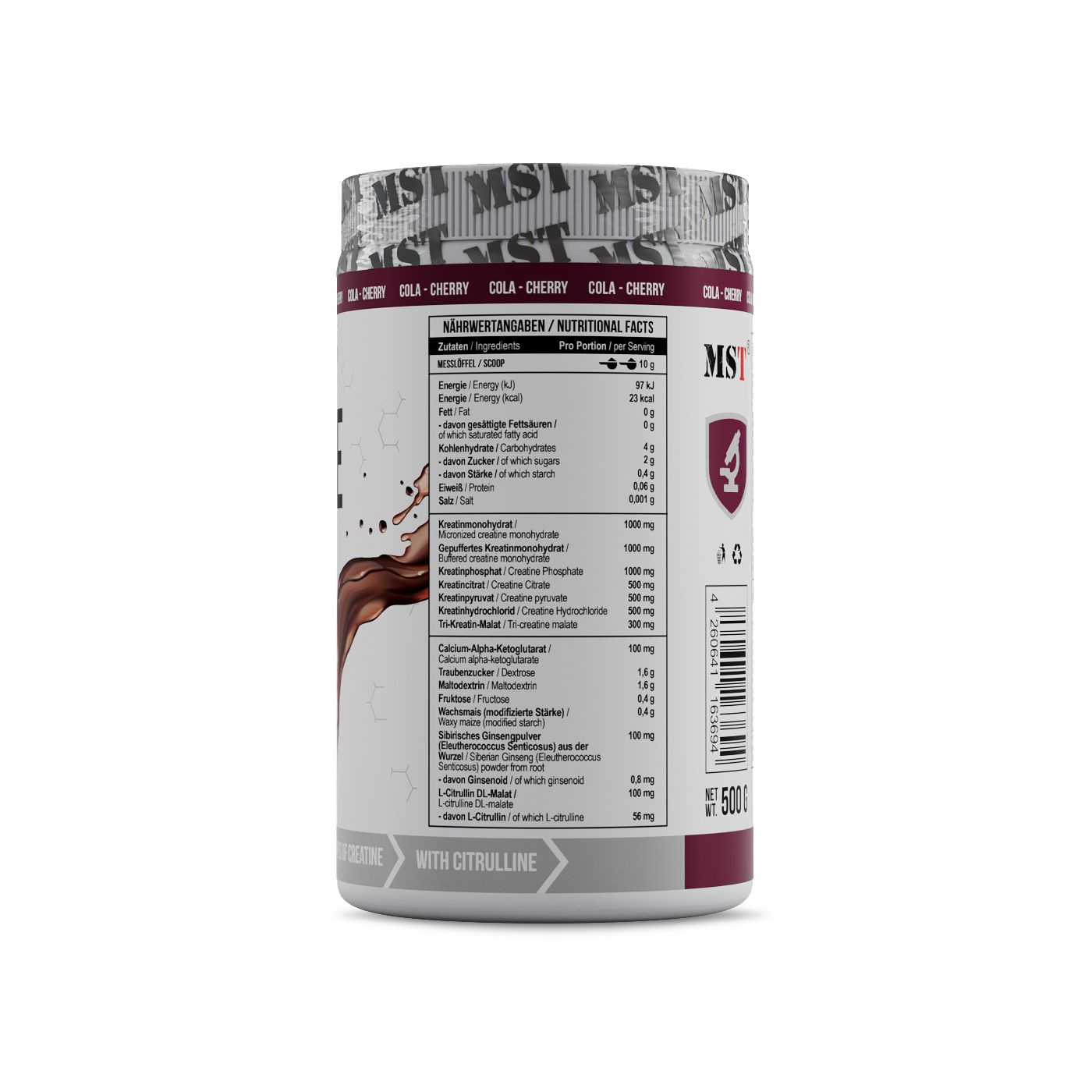 Rückseite einer MST Creatine Kick Dose mit Nährwertangaben und Inhaltsstoffen. Cola-Kirsch-Geschmack.