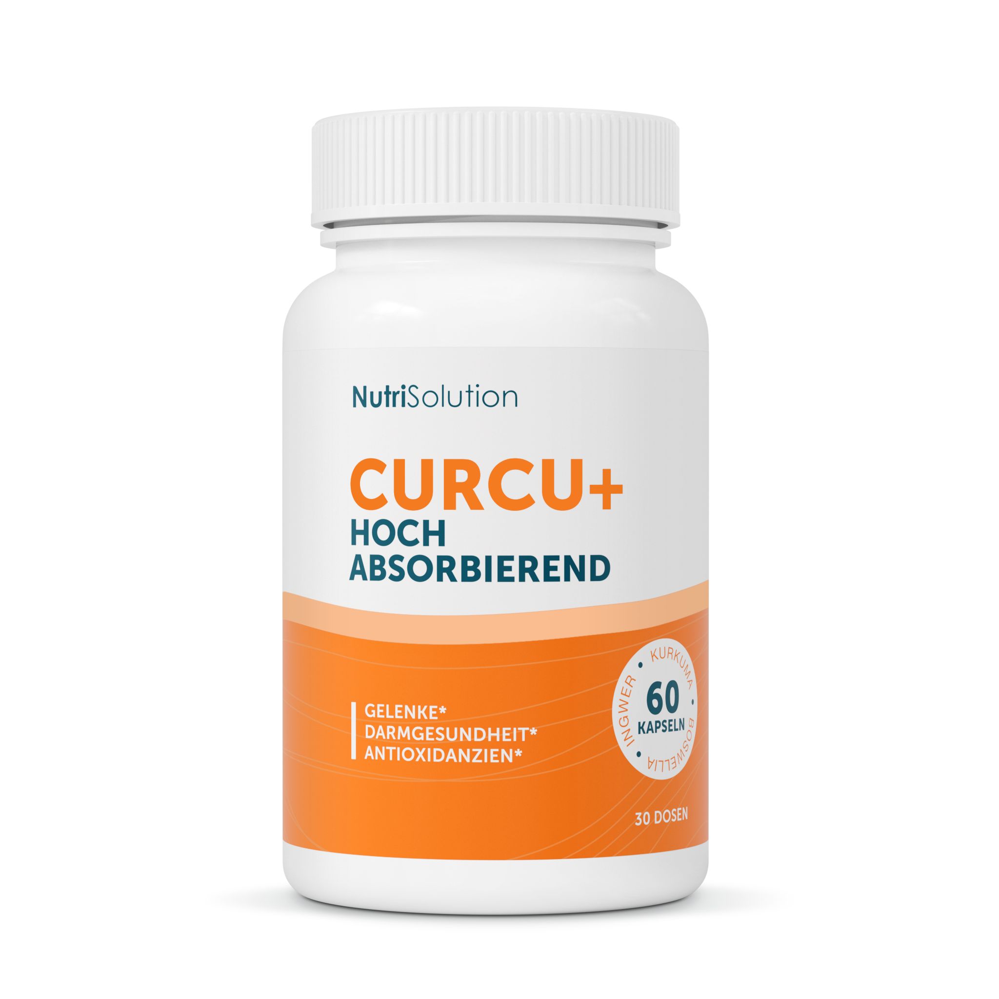 NutriSolution Curcu+ Kapselbehälter mit 60 Kapseln, hoch absorbierend.