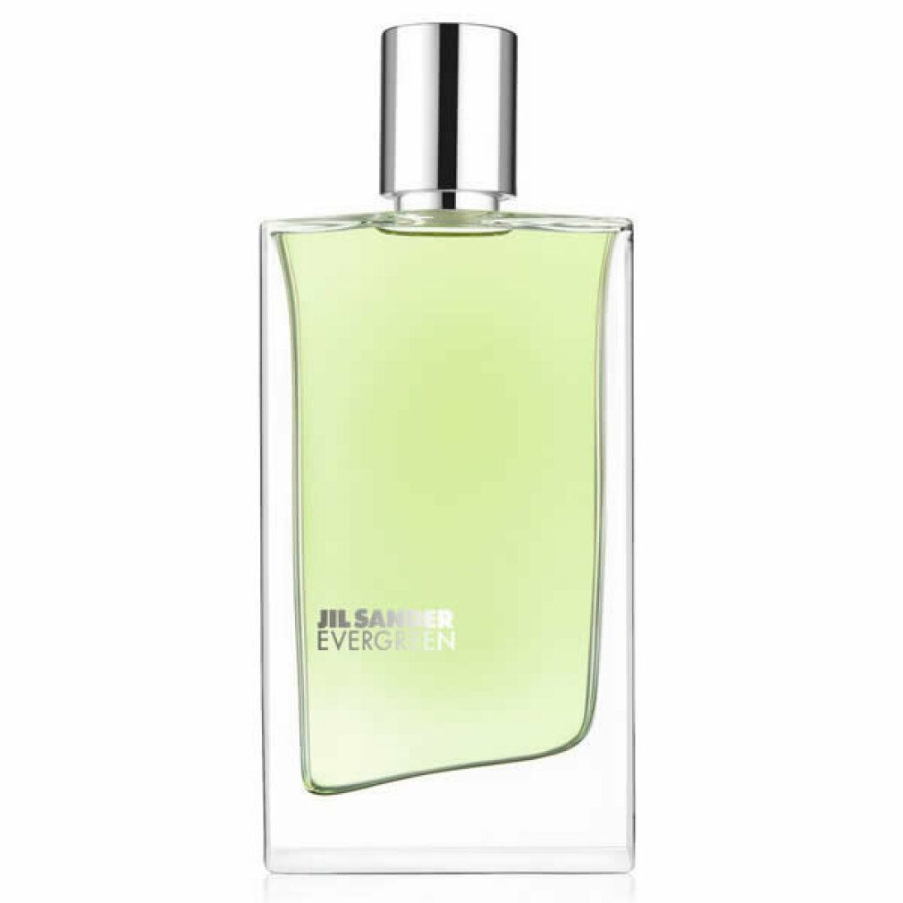Jil Sander Evergreen Eau de Toilette. Rechteckiger Flakon mit silbernem Verschluss. Grüne Flüssigkeit sichtbar.