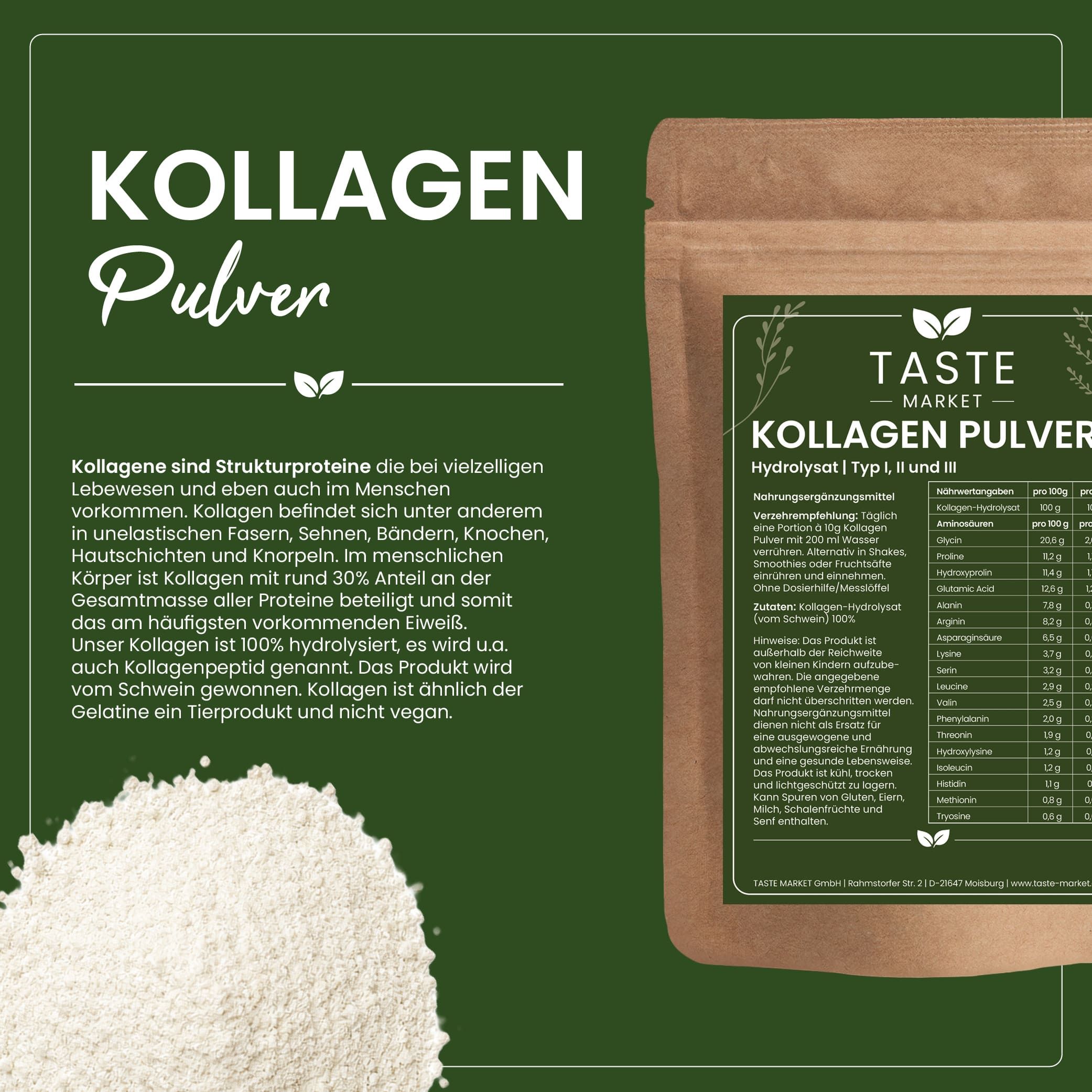 Kollagenpulver in einer braunen Papiertüte und einer Holzschale. Informationen über Kollagen.