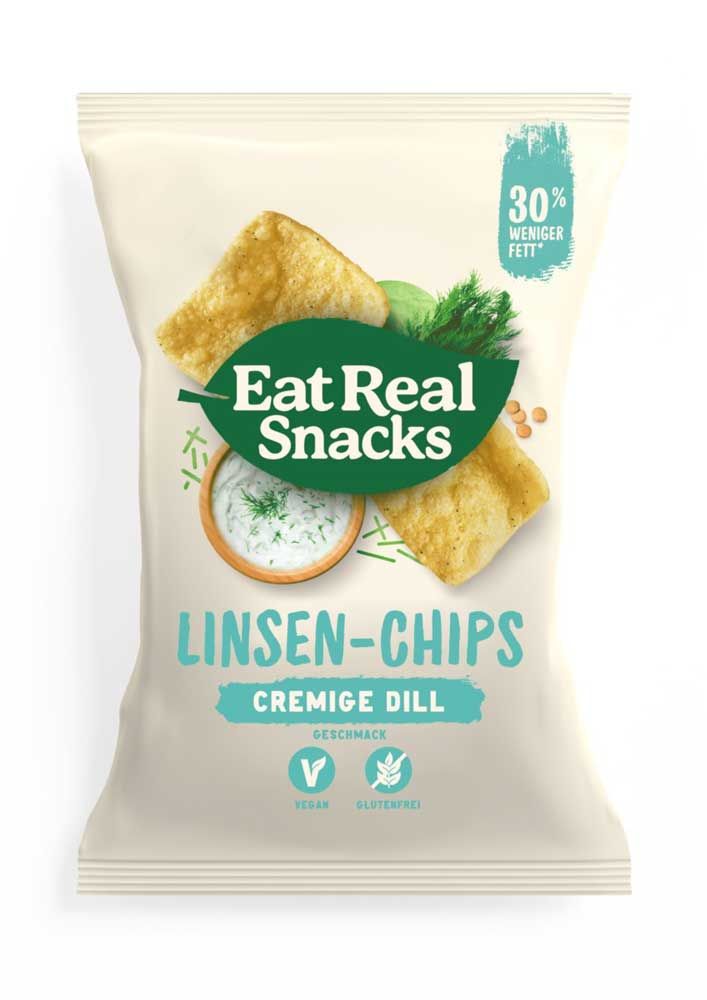 Beutel mit Linsen-Chips. Aufschrift: Eat Real Snacks, Linsen-Chips Cremige Dill. Vegan und glutenfrei.