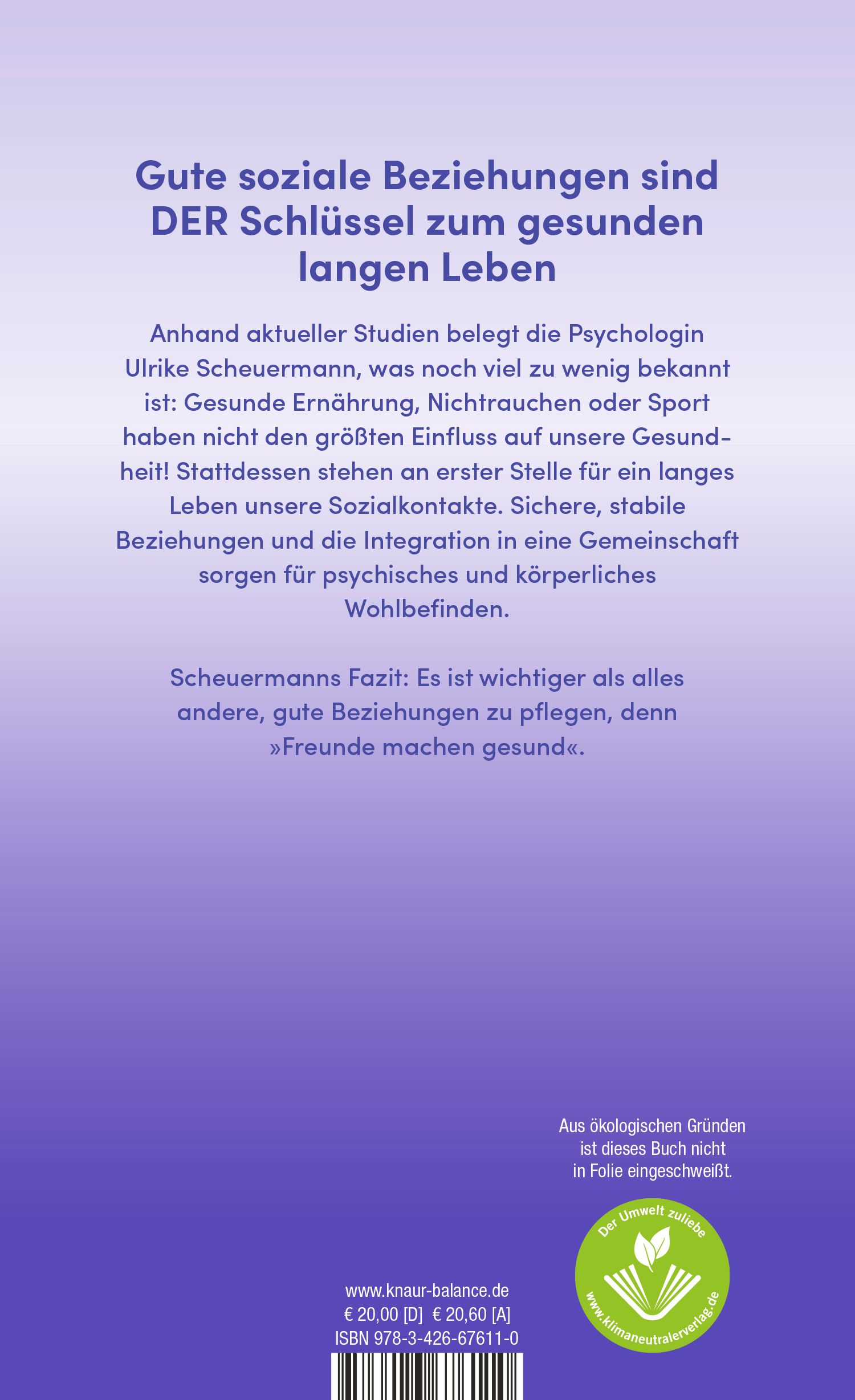Rückseite des Buches "Freunde machen gesund". Text über soziale Beziehungen und Gesundheit. Logo: "Klimaneutral gedruckt".