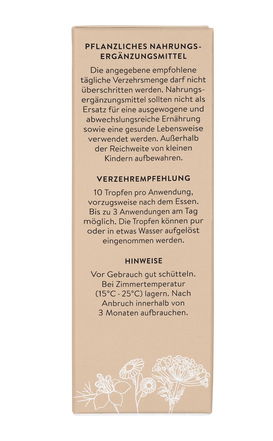 Karton mit Text: Pflanzliches Nahrungsergänzungsmittel. Verzehrempfehlung: 10 Tropfen. Hinweise: Vor Gebrauch schütteln.