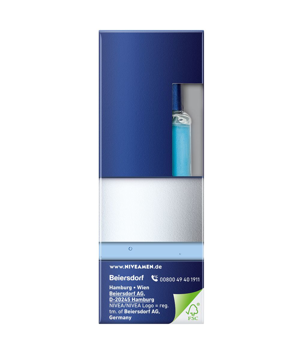 Rückseite der NIVEA MEN After Shave Fluid Verpackung. Blaue Verpackung mit Text, Logo und Adresse des Herstellers.