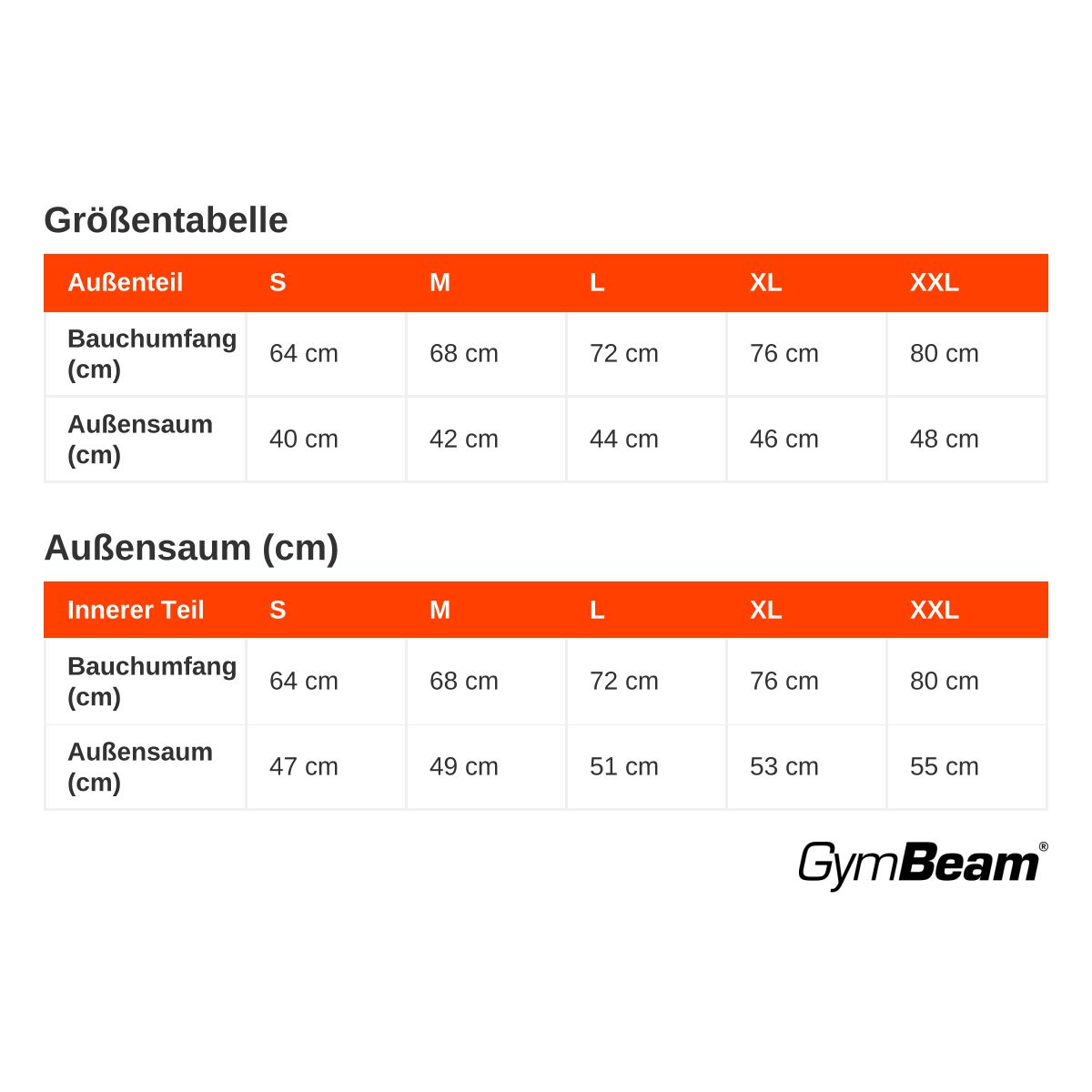 Größentabelle für Bekleidung mit Maßen für Bauchumfang und Außensaum in cm für verschiedene Größen.