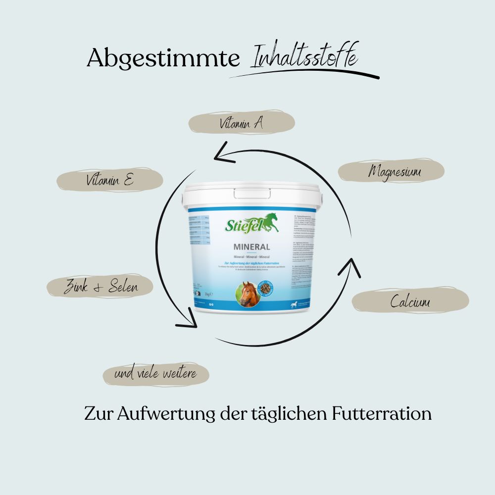 Weißer Eimer mit Stiefel Mineral-Etikett. Kreisförmige Anordnung von Inhaltsstoffen, darunter Vitamin A, E, Zink, Selen, Magnesium und Calcium.