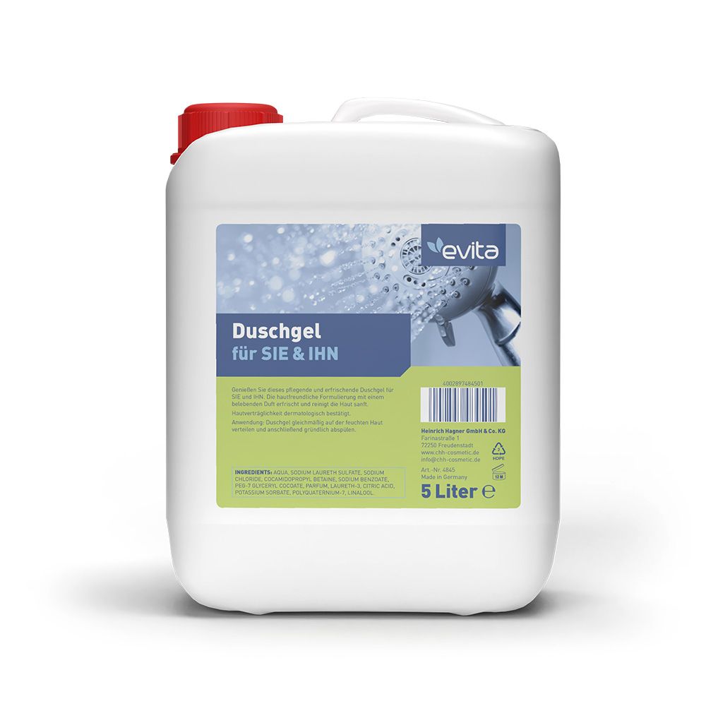 Weißer Kanister mit rotem Deckel. Aufschrift: Duschgel für SIE & IHN. Marke: evita. 5 Liter.