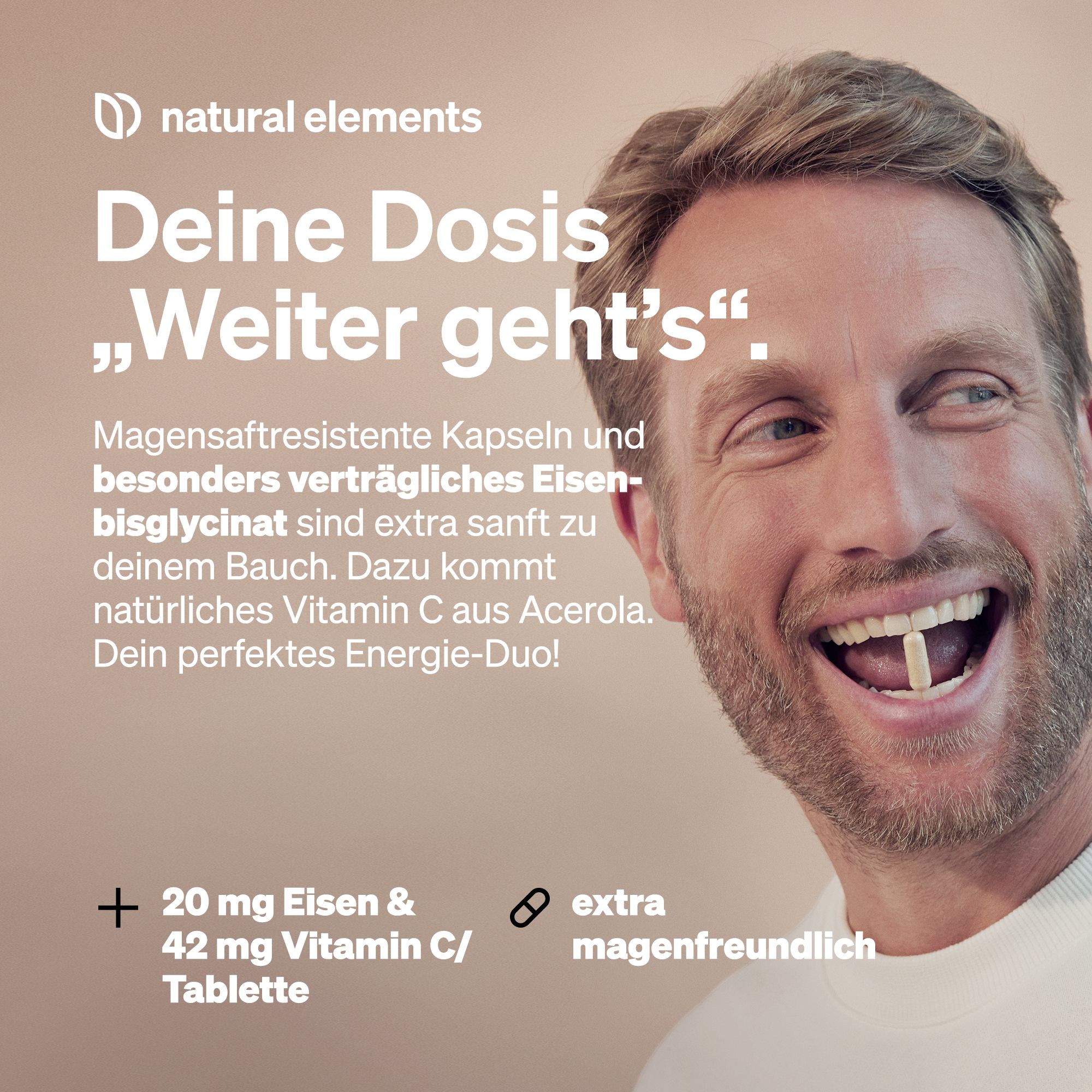 natural elements Eisen 20mg + 42mg Vitamin C – 180Kapseln – Premium-Rohstoff: FerrochelTM – neutral